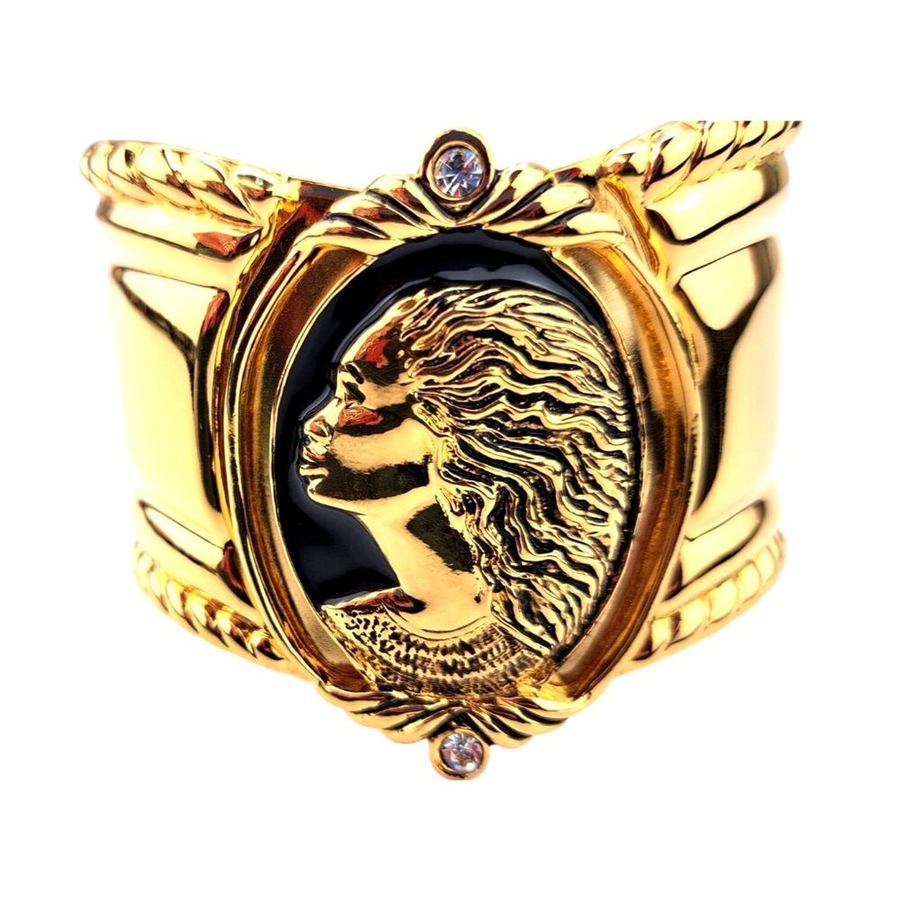 Vintage Coreen Simpson Gold Tone Black Cameo Avon Regal Beauty Cuff Bracelet - Picture 2 of 13
